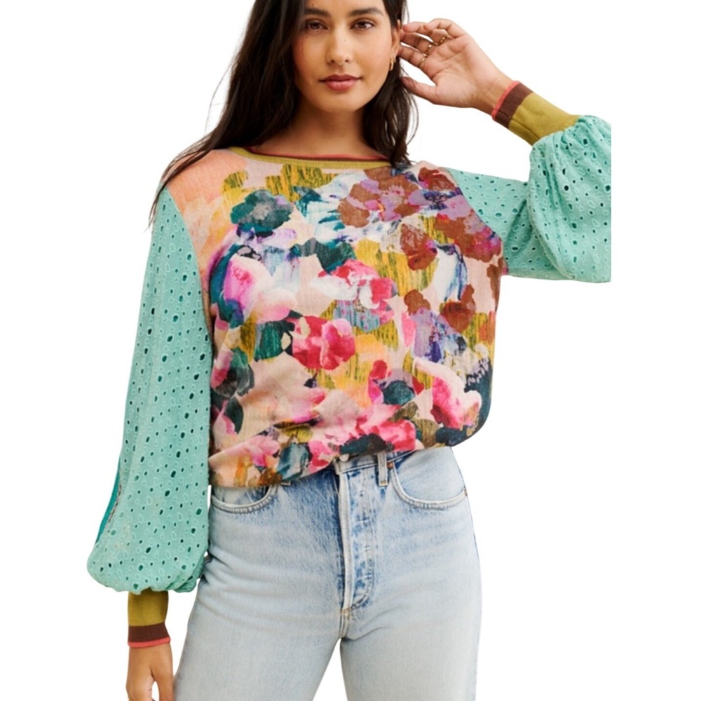 Blank London Floral Mixed Media‎ Eyelet Balloon Sleeve Top Small Multicolor